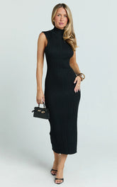 Chantelle Midi Dress - Turtle Neck Sleeveless Ruche Waist Fitted Knit Dress in Black