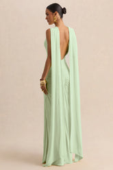 Premiere | Mint Boat-Neck Maxi Dress With Cape-Sleeves And Open-Back