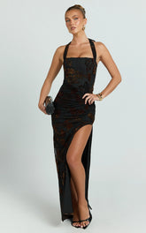 Alma Maxi Dress - Halter Corset Bodice Side Split Dress in Black