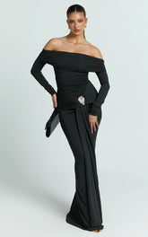 Trish Maxi Dress - Off Shoulder Hardware Trim Bodycon Dress in Black
