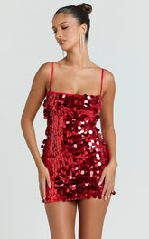 Wilfreda Mini Dress - Sequin Square Neck Bodycon Dress in Red