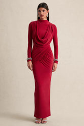 Karinthia | Red High-Neck Maxi Dress With Draped-Detailing