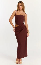Jonas Midi Dress - Strapless Corset Bodice Draped Waist Skirt Dress in Chocolate