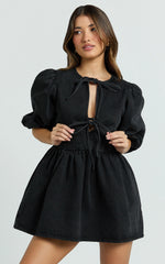 Shailene Mini Dress - Tie Front Puff Sleeve Recycled Denim Dress in Black Wash Panel