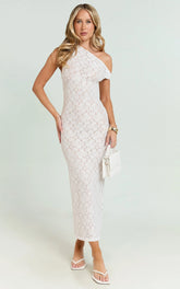 Sally Midi Dress - Stretch Lace Twist Off Shoulder Dress in White