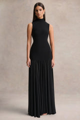 Gigi | Black High-Neck Maxi Dress With Drop-Waist And Sheer Skirt