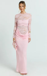 Crisanta Maxi Dress - Long Sleeve Contrast Lace Bodycon Dress in Pink