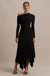 Isola | Black Asymmetric-Neck Midi Dress With Hanky-Hem
