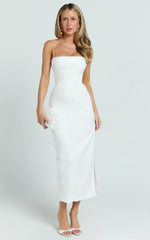 Indiana Midi Dress - Jacquard Square Neck Lace Back Fitted Dress in White