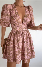 Amalie The Label - Rivinna Linen Blend Pleat Waist Puff Sleeve Mini Dress - Int