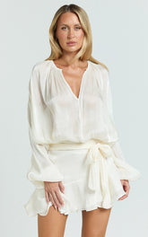 Carmela Mini Dress - Long Sleeve Tie Neck Ruffle Skirt Dress in Off White