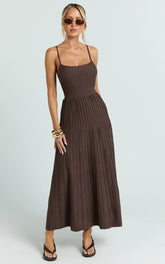 Donissa Midi Dress - Panelled Knit Dress in Chocolate