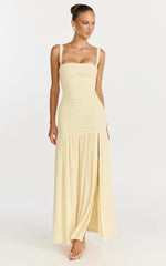 Cardi Maxi Dress - Ruched Mesh High Leg Split Dress in Lemon