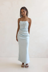 Away With You Satin Lace Strapless Maxi Dress Blue