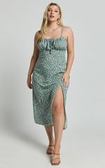 Willa Midi Dress - Ruched Bust Thigh Split Dress in Olive Floral