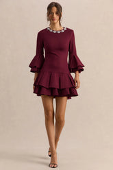 Mirna | Burgundy Crew-Neck Mini Dress With Bell Sleeves And Ruffled Detailing