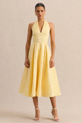 Nyomi | Lemon Satin Halter-Neck Midi-Dress