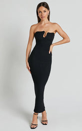 Alberta Midi Dress - Strapless bust detail textured dress in Black