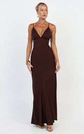 Azura Maxi Dress - Backless Beaded Trim Dress in Chocolate