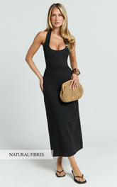 Murray Midi Dress - Deep U Halter Neck Dress in Black