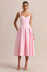 Greta | Light Pink Sweetheart-Neck Midi Dress
