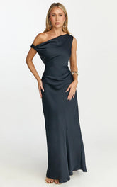 Lira Maxi Dress - One Shoulder Satin Dress in Navy