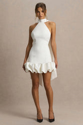 Geneve | White Halter-Neck Mini Dress With Ruffled Trim