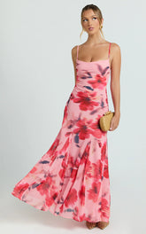 Claudia Maxi Dress - Floral Cowl Neck Godet Dress in Pink Floral