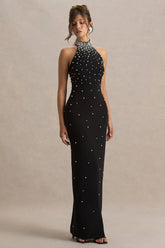 Dani | Black Hand-Embellished Halter-Neck Maxi Dress