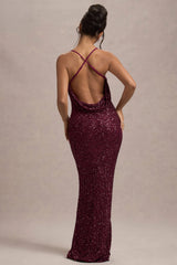 Cosmic | Berry Sequin Square-Neck Strappy Maxi Dress