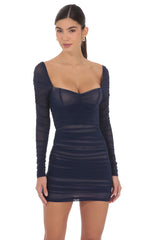 Mesh Long Sleeve Bodycon Dress in Navy