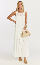 Bella Midi Dress - Lace Shift Dress in Off White