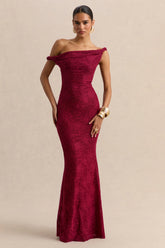Afina | Burgundy Lace Asymmetric-Neck Maxi Dress