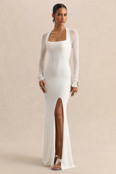 Fleurisia | White Square-Neck Maxi Dress With Mesh Long-Sleeves