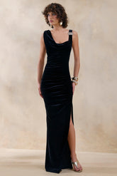 Jovita | Black Velvet Cowl-Neck Maxi Dress With Gathered-Detailing