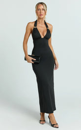 Chloe Midi Dress - Halter Neck Hardware Detail Dress in Black