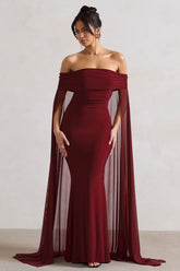 Carlotta | Berry Bardot Maxi Dress With Chiffon Cape