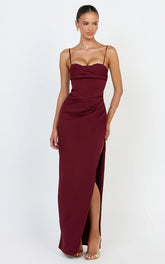Zinnia Maxi Dress - Gathered Bust Side Split Dress in Wine