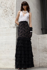 Isoria | Black And White Lace Halter-Neck Maxi Dress With Bow-Belt Detail