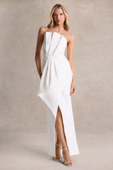 Dreamy Whispers | Cream Strapless Ruffle Split Maxi Dress