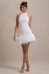 Lumi | White Sequin High-Neck Feather Trim Mini Dress