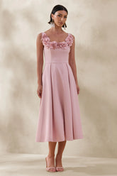 Maelle | Pink Scoop-Neck Midi Dress With Corsage Detailing