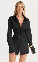 Eugenia Mini Dress - Long Sleeve Smocked Shirt Mini Dress in Black