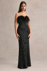 Daze | Black Sequin Bandeau Maxi Dress With Feather-Trim