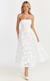 Rheiva Midi Dress - Strapless 3D Embroidery Midi Dress in White