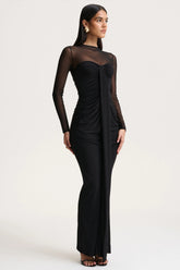 Cadenza | Black Crew-Neck Maxi Dress With Mesh And Gathered-Detailing