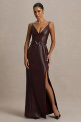 Lila | Burgundy Faux Leather Plunge-Neck Maxi Dress With Split