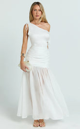 Mackenzie Midi Dress - Tipped Shoulder Drop Waist Full Gathered Skirt Dress in White