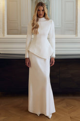 Pepita | Cream High-Neck Tailored Maxi Dress With Drop-Waist And Satin Skirt