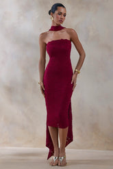 Rosaria | Burgundy Lace Bandeau Midi Dress With Scarf-Detail